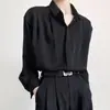 Camisa Preta Masculina Feminina 2026 Jovem Madura Botão Invisível Casual Design Risca de Giz Camisa de Manga Longa Solta