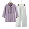 Nova Camisa de Verão Estilo Chinês da Mamãe 2025 Novo Estilo Conjunto de Duas Peças para Mulheres de Meia-Idade com Top de Manga Três Quartos e Calça