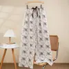 Pantalones de Pijama de Algodón Perlado para Mujer Verano Nuevo Dibujos Animados Pantalones para Casa Delgados para Usar en Exterior Pantalones Antimosquitos Talla Grande Sueltos Pantalones Largos