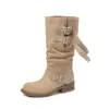 Botas Cavaleiro Suede Fivela Menina Doce Cool Picante 2026 Inverno Salto Médio Grosso Bico Redondo Couro Genuíno Botas Altas Femininas 41
