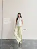 31098 # Pantalones Verdes Limón de Verano Nuevos de Cintura Alta Adelgazantes Sueltos de Pierna Ancha Versátiles Transpirables Cómodos Pantalones Largos para Mujer