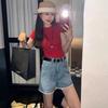 Talla Grande Shorts de Mezclilla de Encaje de Cintura Alta para Mujer Verano Nuevo Suelto Delgado Casual Pierna Ancha Línea A Pantalones Cortos