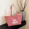 Grande Capacidade Tote Bag Dupla Lateral Listrado Ombro Bolsa Texturizada Bordado Estudantes Universitários Bolsa de Lona Bolsa de Viagem Feminina