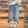 Pantalones Vaqueros con Forro de Felpa y Lazo Estampado de Leopardo Estilo Coreano para Niñas Otoño/Invierno 2026 Nueva Moda Infantil Pantalones Largos para Niña Pequeña