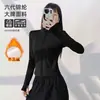Jaqueta de Yoga Feminina com Forro de Fleece para Outono e Inverno Gola Alta Zíper Cintura Ajustada Slim-Fit Roupa Fitness Polegar Espessado Fleece Top Esportivo