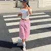 Pantalones cortos deportivos casuales de estilo americano Y2K en color rosa dopamina con estampado de leopardo, cordón, pierna ancha y longitud media, dulces y geniales, corte holgado y con caída.