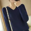 Estilo Nuevo de Primavera Algodón Puro Cuello en V Tejido Manga Larga Simple Delgado Versátil Color Sólido Estilo Coreano Camisa Base para Mujer