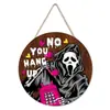 Bestseller transfronterizo letrero redondo de madera de Halloween para puerta con calavera, gato negro, calabaza y patrones de tumba, decoración colgante de puerta para crear ambiente