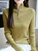 Outono/Inverno Novo Suéter de Tricô com Gola Alta e Zíper Meio Aberto Feminino Slim Fit Valorizador Cor Sólida Suéter Macio Quente Camada Base