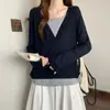 Toma real~ Suéter de punto nuevo de otoño para mujer talla grande, con capucha, bloques de color, imitación de dos piezas, manga larga, hombro normal