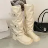 Botas de Moda hasta la Pantorrilla para Mujer 2026 Otoño/Invierno Nuevas Retro Estilo Británico Aumentadoras de Altura Tacón Grueso Arrugadas Apiladas para Pantalón Botas de Jinete