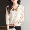 Camiseta Feminina com Gola V e Laço, Manga Média, Nova Coleção Primavera/Verão 2025, Blusa de Tricô com Sete Mangas em Chiffon, que Cobre a Barriga, Emagrecedora