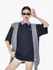 Camiseta Polo Casual de Manga Curta com Gola Polo Xadrez Estilo Universitário Color Block Original do Fabricante Verão Solta Camisa de Meia Manga para Casal