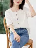 Camisa bordada de cuello redondo para mujer, manga tres cuartos, diseño de verano 2026, top bordado con botones coloridos, camisa de algodón puro