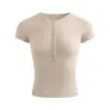 Camiseta de Estilo Americano para Mujer, con Botones, Cuello Medio Abierto, Picante, Verano 2026, Elegante, Ajustada, Manga Corta, Versátil, Adelgazante