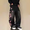 Calça jeans preta para mulheres, nova para o outono de 2026, com bordado, corte reto solto, lavada, calça longa versátil de perna larga, moderna