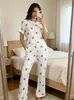 Moda feminina para comércio exterior europeu e americano transfronteiriço, estampa de coração, roupa de casa, verão, gola redonda, manga curta, calça longa, conjunto de pijama