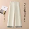 Calça Jeans Wide Leg Feminina 2026 Outono Patchwork de Renda Calça Casual Nova de Cintura Alta Solta Slim Reta