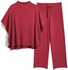 Conjunto de Tricô Cruzado de Manga Longa com Gola Alta Meia-Alta e Manga Morcego, Conjunto de Duas Peças com Calça de Perna Larga Solta e Fluida, Manga Curta para o Início do Outono