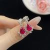 Corindo vermelho em forma de gota de três peças conjunto de diamante completo anel aberto mulheres elegantes brincos de pingente de luxo terno