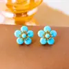 Brincos Exquisitos de Turquesa Trevo de Quatro Folhas, Brincos Geométricos Elegantes e de Alto Padrão com Cristal Azul, Brincos Simples e Personalizados para Mulheres