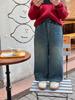 [Forrado com Fleece] Calça Aimo Beibei para Meninas Tendência Inverno 2025 Jeans Composto Integrado Quente Retrô Infantil