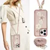 Estilo Comercio Exterior Portatarjetas con Cordón Funda de Teléfono Floral para iPhone 15, Adecuado para Apple 16 Pro Max, Cordón de Moda 14, Portatarjetas 13, 17