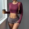 Novos Tops de Yoga de Manga Longa Europeus e Americanos para Outono e Inverno para Mulheres Secagem Rápida Emagrecimento Roupas de Yoga Roupas de Corrida Fitness com Proteção para os Dedos