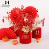 Conjunto de Dois Baldes Abraço de Tecido Veludo com Estampagem Dourada, Baldes de Bênção Festiva Wintergreen e Silver Willow, Baldes Redondos Vermelhos para Arranjo de Flores para o Festival da Primavera