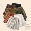 Pantalones de Algodón y Lino con Encaje Hueco Vintage de 8 Colores para Mujer, Cintura Elástica con Cordón, Pierna Ancha, Pantalones Cortos Casuales Cómodos, Cintura Alta