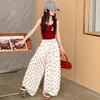 Conjunto de Duas Peças para Crianças Maiores: Top Regata Sem Mangas de Verão para Meninas e Calça Pantalona de Bolinhas, Conjunto de Calça à Prova de Mosquitos Estilo Coreano