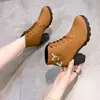 Moda Tallas Grandes Comercio Exterior Botas para Mujer 2025 Otoño e Invierno Nuevas Botas de Tacón Alto para Mujer con Tacón Grueso, Punta Redonda, Botas de Combate con Cordones