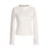 Camiseta Básica de Manga Larga de Color Sólido con Cuello Redondo Estilo Americano 11Kn para Mujer, Top Versátil de Corte Ajustado que Ceñe la Cintura