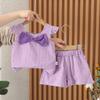 Ropa de verano elegante para niñas, pantalones cortos con lazo a cuadros, traje de princesa de dos piezas, manga corta a la moda