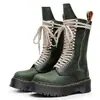 Botas de Motocicleta Transfronterizas de Primera Capa Piel Crazy Horse Verde Suela Gruesa 18 Ojales para Mujer 1460 Cremallera Lateral Botas Largas Piel Genuina Suela de Plataforma Lengüeta Larga
