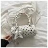 Bolsa Boston Pequena de Bolinhas Bolsa de Mão Retrô Cilindro Redondo Bolsa Feminina Versátil Simples Bolsa de Ombro Transversal Acessório Diário para Estudante