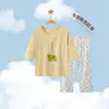 26 Conjunto de Pijama de Dos Piezas para Niños y Niñas de Manga Tres Cuartos y Pantalón Largo de Verano para Niños Mayores con Estampado de Dibujos Animados Cuello Redondo