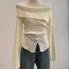 Malharia de Nicho Inspirada em Designers para Mulheres, Suéter Off-Shoulder Outono e Inverno, Top Básico com Gola Quadrada, Malharia Feminina com Gola Redonda