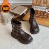 Botines tipo Martin de niña con estampado estilo británico, nueva colección otoño/invierno, botines de cuero para niños, botines retro de doble hebilla, antideslizantes, para niños de talla mediana y grande