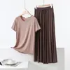 Camiseta de Manga Corta con Cuello Redondo de Modal Bolsillo con Cordón a Juego Pantalones de Pierna Ancha Verano Delgado Holgado Casual Conjunto de Dos Piezas