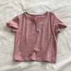 Camiseta Base Suave Acanalada con Cuello Redondo, Camiseta de Manga Corta con Botones para Mujer, Corte Ajustado, Elástica, Top Adelgazante, Estilo Corto de Moda para Verano