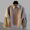 Camisa de manga comprida com costura falsa de duas peças para primavera e outono, estilo coreano, nova moda, solta, elegante, top para todos os gostos