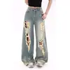 Jeans rectos anchos rasgados de estilo retro americano para mujer, nuevo estilo de verano, lavados y desgastados, pantalones de pierna recta para el día a día que estilizan, de largo hasta el suelo