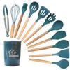 Conjunto de 12 peças de utensílios de cozinha de silicone para contato com alimentos, antiaderente, pá, colher, cabo de madeira, utensílios de cozinha