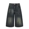 Pantalones cortos de mezclilla holgados para hombre, estilo punk vintage, desgastados, deslavados, rotos, ambiente casual, shorts rectos de pierna ancha de moda