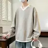 Sudadera con Capucha de Manga Larga, Cuello en V, Rayas, Falso Dos Piezas para Hombre, Primavera y Otoño, Talla Grande, Estilo Perezoso Holgado, Top Versátil Atractivo