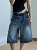 Shorts de mezclilla anchos lavados estilo retro americano para mujer, pantalones de verano de talla grande de cintura alta holgados, adelgazantes, de longitud media