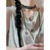 Colar Choker Gola Couro Dupla Camada Estilo Étnico Retro Maillard Corrente Punk Clavícula