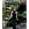 Cuello medio alto, ceñido a la cintura, adelgazante, elegante vestido de noche, estilo retro francés, vestido largo negro de tirantes para mujer, verano