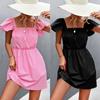 Ropa de mujer europea y americana 2022 primavera y verano nuevo LAZADA estación independiente superventas color sólido manga hoja de loto cuello cuadrado vestido falda